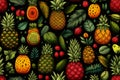 seamless pattern with pineapples and berries on a black background Royalty Free Stock Photo