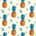 seamless pattern with pineapples and flying seagulls