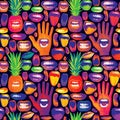 Seamless pattern with pineapples and human mouths