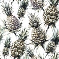 Seamless pattern with pineapples and leaves. Tropical summer watercolor illustration. Botanical texture in bronze shades