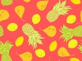 Seamless pattern with pineapples, lemons and pears. Fruit mix tropical summer background. Design of printing, banners and