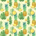 Seamless pattern with pineapples, tropical leaves, and flowers on yellow background.