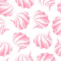 Seamless pattern with pink airy french meringues, marshmallow, zephyr. Sweetness, sweet cake, dessert. Vector in graphic