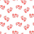 Seamless pattern, pink baby footprints with hearts on a white background. Background, print, textile Royalty Free Stock Photo