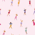 Seamless pattern on pink background. Dancing women, flat style. Attractive elegant girls, different nationalities