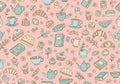 Seamless pattern on a pink background featuring hand-drawn illustrations of various tea time items. Royalty Free Stock Photo