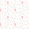 Seamless pattern of pink ballerina suits and perfume bottles with gold, pink, and blue dots floating freely
