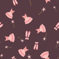Seamless pattern of pink ballerina tutu dresses and magic wands on a bordeaux background.