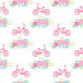 Seamless pattern with pink bicycles and flowers on the white background