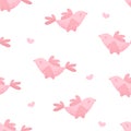 Seamless pattern with pink birds and hearts on white background. Ornament for textile and wrapping. Vector Royalty Free Stock Photo