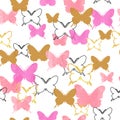 Seamless pattern with pink, black and glittering golden butterflies.