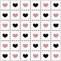 Seamless pattern of pink and black hearts.