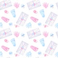 Seamless pattern pink blue baby pacifier, palm, handprint, footprint, envelope. Boy or girl. Hand drawn watercolor Royalty Free Stock Photo