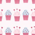 Seamless pattern with pink and blue cupcakes with hearts. Valentine\'s day sweets. Flat vector