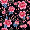 Seamless pattern with pink and blue flowers on a black background Royalty Free Stock Photo