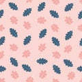 Seamless pattern with pink and blue oak leaves