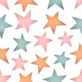 Seamless pattern with pink, blue and orange stars