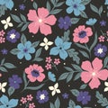 Seamless pattern with pink, blue, purple and white flowers on a black background. Vector graphics Royalty Free Stock Photo