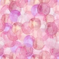 Seamless pattern of pink and blush translucent watercolor circles. Hand painted Spots on a white background. Round Royalty Free Stock Photo