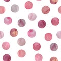 Seamless pattern of pink and blush watercolor circles. Hand painted Spots on a white background. Round. Isolated. Blobs Royalty Free Stock Photo