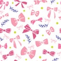 Seamless pattern with pink bows and twigs on white background.