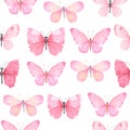 Seamless pattern with pink bright watercolor butterflies