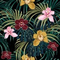 Seamless pattern, pink burgundy yellow orchid flower and green exotic palm monster leaves. Royalty Free Stock Photo