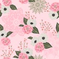 Seamless pattern with pink camellias, white anemone flowers, alstroemeria and lace ornament. Floral background with with ornate ma Royalty Free Stock Photo