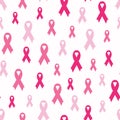 Seamless pattern with pink cancer ribbons. Breast Cancer Awareness Month pink and white background. Cancer ribbon symbol. Cancer Royalty Free Stock Photo