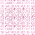 Seamless pattern with pink cancer ribbons and faith, hope, cure phrase. Breast Cancer Awareness Month pink and white background. Royalty Free Stock Photo