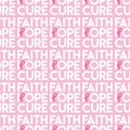 Seamless pattern with pink cancer ribbons and faith, hope, cure phrase. Breast Cancer Awareness Month pink and white background. Royalty Free Stock Photo