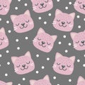 Seamless pattern with pink cat head face with closed eyes. Cute cartoon funny character on grey background Royalty Free Stock Photo