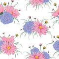 Seamless pattern with pink chamomile and geranium flowers. Rustic floral design