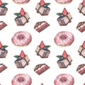 Seamless pattern of pink and chocolate sweet cakes with cherries and strawberries on a white background. Texture for fabric, Royalty Free Stock Photo