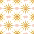 Seamless pattern of pink clouds and happy suns. Royalty Free Stock Photo