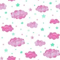 Seamless pattern of pink clouds and turquoise stars, baby background