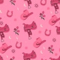 Seamless pattern in pink colors with cowboy hats, saddles and horseshoes. Vector graphics Royalty Free Stock Photo