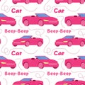 seamless pattern of pink convertible car, classic car. A toy car for a doll. vector Barbiecore