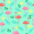 Seamless pattern of Pink and coral flamingos and palm leaves. lemon. Pastel turquoise background Wallpaper Royalty Free Stock Photo