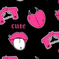 Seamless pattern with Pink crossed pistols, guns, heart, lips. Black Emo Goth background. Gothic aesthetic in y2k, 90s Royalty Free Stock Photo