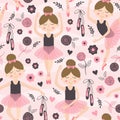 Seamless pattern pink with cute ballerina girl