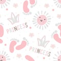 Seamless pattern pink cute crown, sun and footprint. Baby girl wallpaper Little princess design Royalty Free Stock Photo