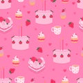 Seamless pattern with pink desserts, mugs and strawberries. Vector graphics