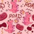 Seamless pattern Pink Dinosaur roar with food Royalty Free Stock Photo