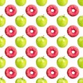 Seamless pattern pink donuts and green apples isolated, white background, healthy food vs junk food concept, cakes or fruits diet Royalty Free Stock Photo