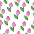 Seamless pattern of pink doodle tulips, delicate flowers with green leaves on a white background Royalty Free Stock Photo