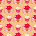 Seamless pattern with pink envelopes, cupcakes.