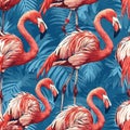 Seamless pattern of pink flamingoes on blue floral background.
