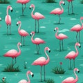 Seamless pattern of pink flamingoes on green.