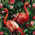 Seamless pattern of pink flamingoes on green floral background.